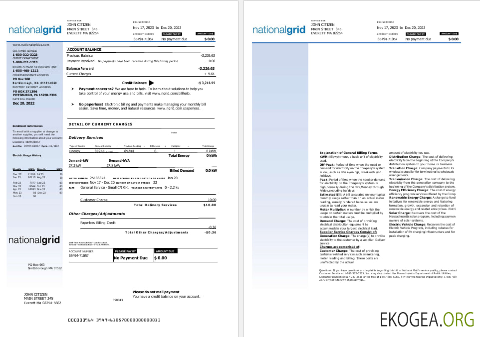 USA Nationalgrid electric utility  bill Word and PDF formats, 2 pages